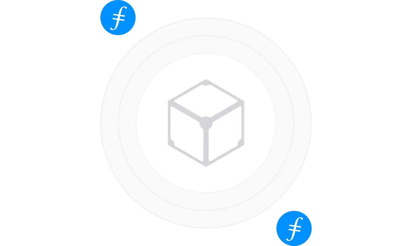 Illustration showing the IPFS cube logo in the center with Filecoin logos surrounding it.